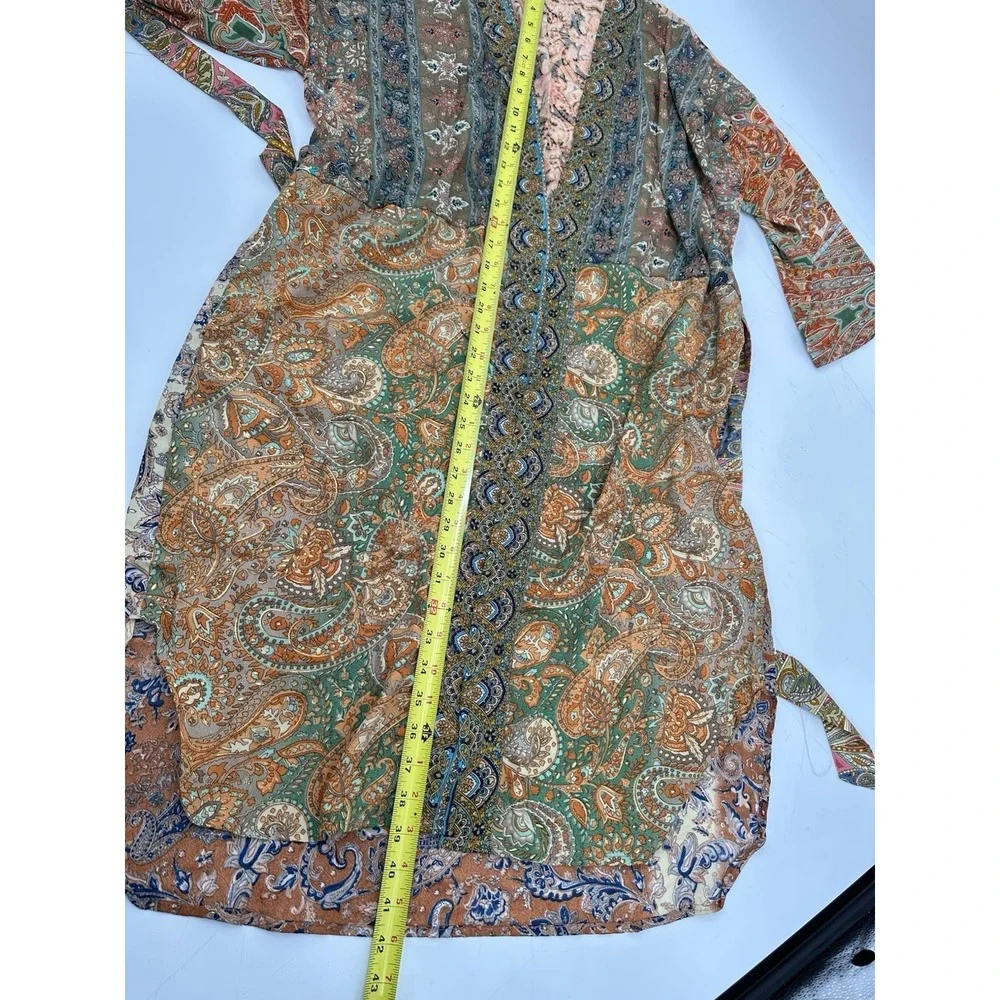 Lunas Vintage Silk Blend Kimono Robe Duster OS Boho Paisley Belted Fairy Earthy